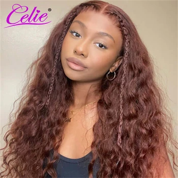 Celie Hair #33 Червеникаво-Кафява Перука с водна вълна, Кестен Мед HD Прозрачен Перука от Човешка Коса на дантели 200%, Перука, завързана с цип 5x5