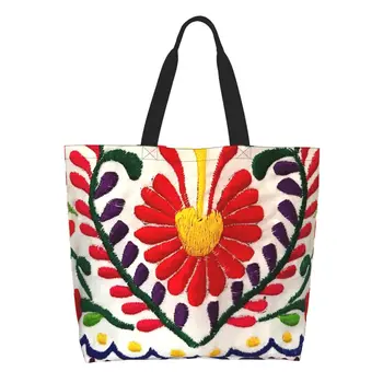 Чанта за пазаруване с мексикански цветя и бакалеей, напечатанная на поръчка холщовая чанта-тоут за купувачите, преносима чанта с голям капацитет