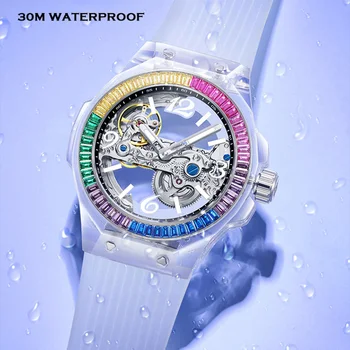HANBORO Автоматично луксозни дамски часовници с кристали, водоустойчив светещи механични ръчни часовници с каишка силикон, модерни дамски часовници