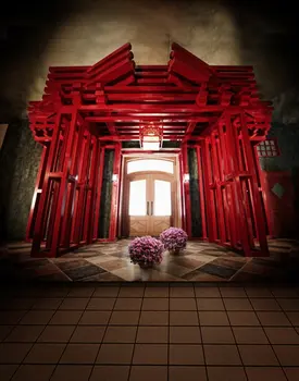 5x7ft Лилави Цветя Червена Вратата Снимки на Декори, Реквизит за снимки Студиен фон