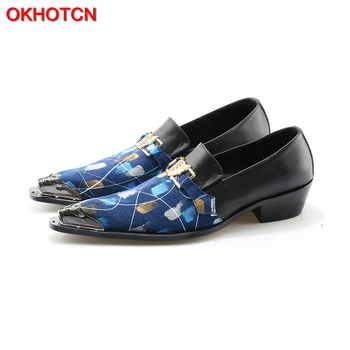 OKHOTCN/ нови мъжки сватбени модела обувки от телешка кожа, смесени цветове, обувки с остри пръсти, златни скоби, дишаща модни и ежедневни обувки на плоска подметка