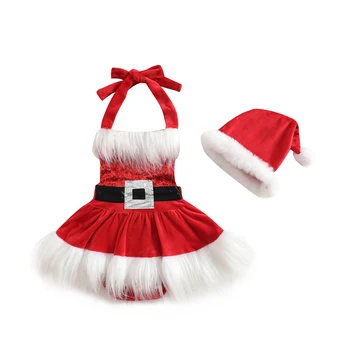 Коледна рокля-гащеризон за малки момичета с бели плюшени покритие в стил мозайка, тела пачки без ръкави, с шапка
