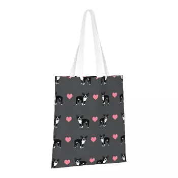 Многократна употреба за хранителни стоки чанти Boston Terrier Любовта Hearts, Сгъваеми чанти за пазаруване, миещи Леки Трайни подарък пакети от полиестер