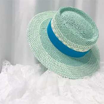 Дамски летни мятно-зелена сламена шапка с плосък покрив, плажна солнцезащитная шапка Hat Nama