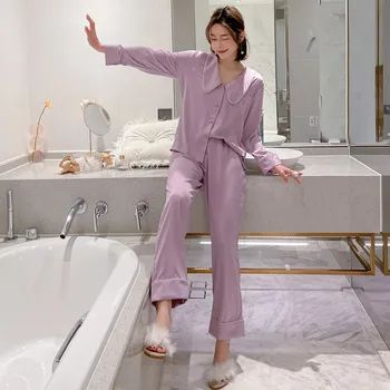 Дамски пижамные комплекти от вискоза лилав цвят, сатен пижама, пижама с дълъг ръкав, модни пижами, спално бельо