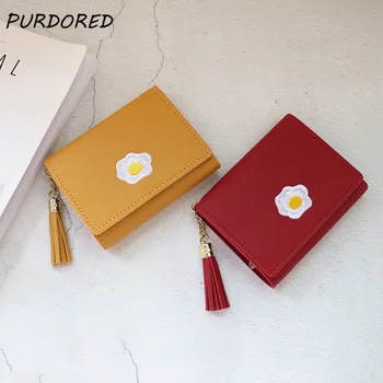 PURDORED 1 бр., женски кратък портфейл модел от карикатура, кожена, с пържено яйце, сладко портмоне, портфейл, държач за карти, женски модерен кратък портфейл за монети