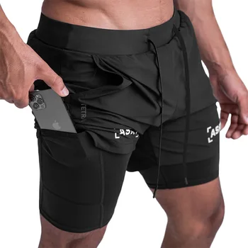 Летни мъжки къси панталони големи размери от полиестерни влакна, дишащи свободни двуслойни спортни панталони за джогинг на открито с 5 точки