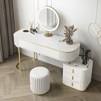 Луксозни дизайнерски бели скринове Творчески тоалетки, Мебели за спални Nordic Home Тоалетка Гардероб за съхранение на спалня с огледало с led осветление
