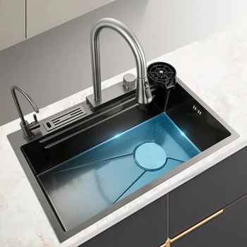 Кухненска мивка от неръждаема стомана 304, Нано-мобилен водопадный кран, Отгоре планина, Аксесоари за източване на купата за мивка голям размер