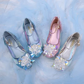 Блестящи танцови обувки за момичета, Мери Джейн, детски обувки на нисък ток с кристали, детски ежедневни сандали за партита, кожени обувки