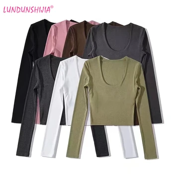 LUNDUNSHIJIA 2023, Новата Пролетно-лятна Дамски Секси тениска с U-образно деколте и дълги ръкави, Двойни Кашмир Памучни Тениски, Топ
