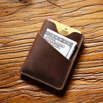 Ретро държач за карти, ръчно изработени от естествена кожа, ежедневни мини чанта с клипс за чантата, бизнес притежателите на кредитни ID-карти, чанта за съхранение, носене