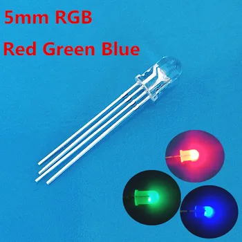 100 бр./лот, 5 мм, 4 за контакт, червено, зелено, синьо, RGB led, с общ катод, трицветна, лъчиста светлина, диоди, кръгла прозрачна лампа за вода