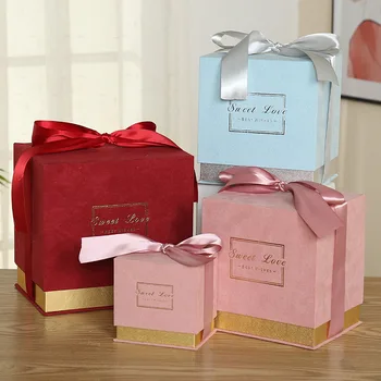 Квадратна кутия шоколадови бонбони Сватбени сувенири Тюркоазени подаръчни кутии с капаци и копринена панделка, за сватба, за детско душ за младоженци, партита по повод рождения ден на