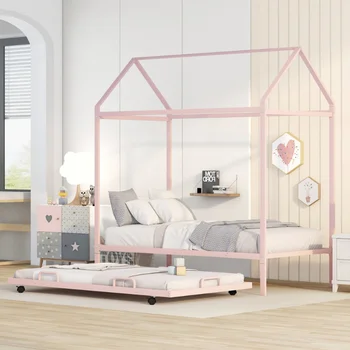 Двойно детско легло с песен да се върти, метално легло увеличава пространството, Дизайн на дома здрав Розов [В наличност в САЩ]