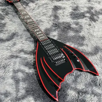 отличен 6-струнен електрическа китара в черно-червена ивица във формата на прилеп, могат да бъдат изработени по поръчка, безплатна доставка