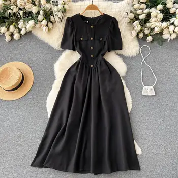 Лятно дамско черно френско рокля Макси трапецовидна форма, с къс ръкав, дамски висока талия, однотонное обличам копчета, винтажное елегантна вечерна рокля с големи распашками