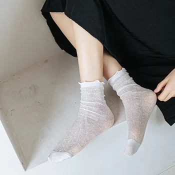 Дамски Тънки Чорапи, 3 чифта Черно-бели летни Еластични Чорапи, Дантелени Дишащи Меш Индивидуални Модни Дантелени Чорапи