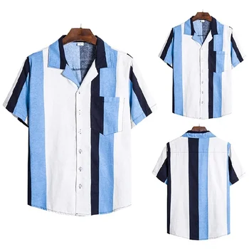 Лятна мъжка риза с кубински яка в плажен стил, памучен бельо риза на райета с къси ръкави, мъжки ежедневни тенденция риза без желязо
