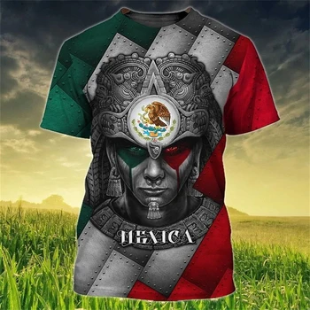 Тениска с принтом на Националното знаме на Мексико За Мъже, Модни тениски с 3D Изображение на Орел, Къс ръкав, Негабаритная Тениска За Почивка, Тениска с Кръгло деколте, Градинска Облекло