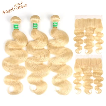 Angel Grace Hair 613 Светли Снопове Обемни вълни с предна част от Бразилски снопове от човешки Косъм с предна част От ухо до ухо 13x4 Реми Hair