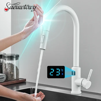 Сензорен екран сензор на екрана на дисплея с Кухненски смесител на Топла и студена вода, Монтиран на бортике, интелигентни сензорни кранове, въртящи се на 360 градуса с кухненски смесител за мивка