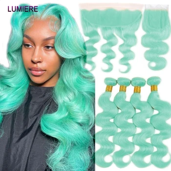 Косата Lumiere светло зелени дълги къдрави снопове с цип, сини бразилски букети от 100% човешка коса с цип отпред