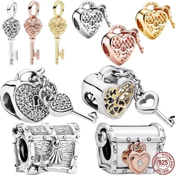 Сребро проба 925, оригинална гривна Pandora, ключ-ключалка, съкровище, любов, позлата, розово злато, бижу 