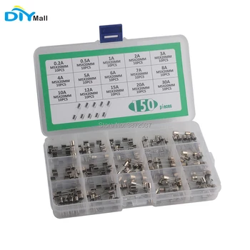 150 бр. комплект предпазители DIYmall 15 стойности по 10 бр. на всяка стойност 0.2 A-30A 250 В 5X20 mm
