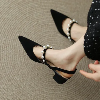 Модни сандали с перли, дамски сандали на среден ток с остър пръсти, градинска дамски обувки Mary Jane, големи размери