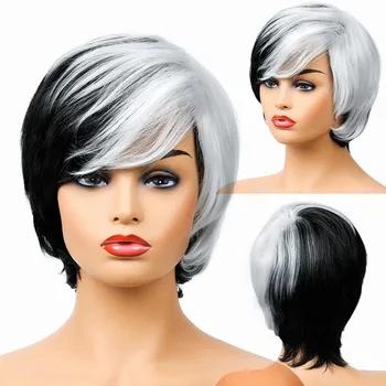 Европейските и американските перуки дамска мода Черно-бял смесен цвят на Химически влакна висока коприна къса права коса по главата