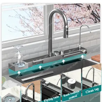 Стоманена кухненска мивка Feiyu Waterfall, Голяма мивка за измиване на зеленчуци с един резервоар, Купа за миене на съдове с водопад