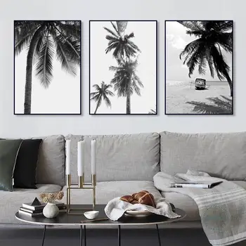 Скандинавски модерна черно-бяло тропическо растение, палма, плажен плакат, платно, художественото оформление на стени хол, спалня хотела