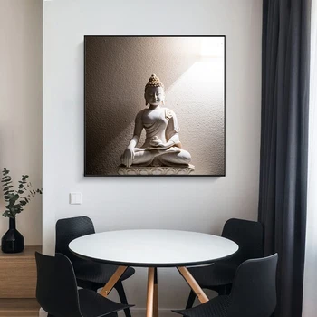 Бяла резбовани статуя на Буда, живопис върху платно, будистки плакати и щампи, стенни художествени картини Cuadros за декориране на дневната