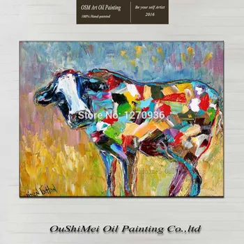 Син или Оранжев фон Цветните абстрактно произведение на изкуството Крави, 100% Ръчно рисувани, модерен абстрактен стенен нож, от снимка с маслени бои върху платно