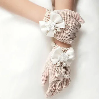 Сладки Къси ръкавици с цветя модел за момичета, мрежести ръкавици с лък, дантелени ръкавици с перлата на накити, детски модни елегантни ръкавици, ръкавици без пръсти за партита