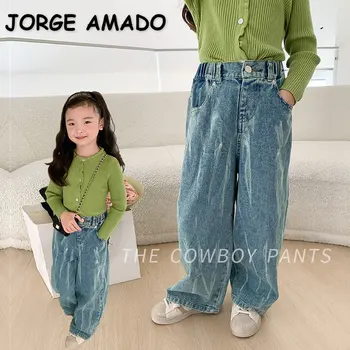Корейски стил, нови есенни джинси за малки момиченца, сини дънки с еластична гумена лента за кръста, свободни широки панталони, детски панталони в стил ретро, детски дрехи E086