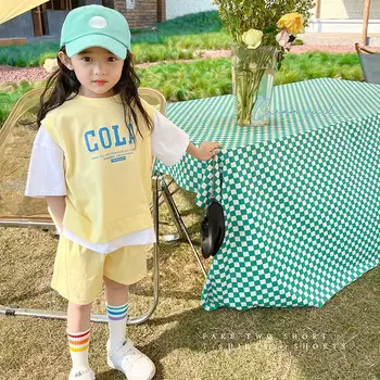 Нови летни ежедневни тениски в корейски стил за малки момичета с къс ръкав в контрастни цветове, комплекти, дрехи от 2 теми