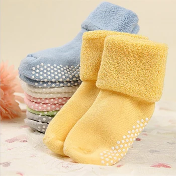 Памучни бебешки чорапи есен-зима, плътни чорапи за новородени момчета и момичета, детски нескользящие хавлиени чорапи за момчета и момичета 0-3 години