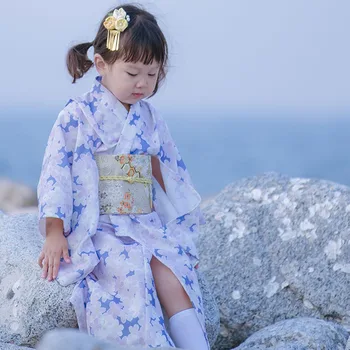 Кимоно в Японски стил със синьо принтом за момичета, Креативна детска Японска Юката, Детски Снимки, Традиционни Костюми за изказвания LC059