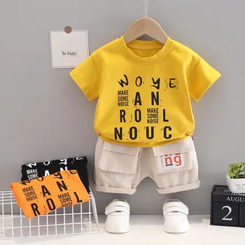 Марка дизайнерски дрехи за малки момчета с писмото принтом, комплект дрехи за деца, тениска + кратък костюми, облекла за момичета GY05151