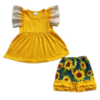 Летни Костюми за момичета, дантелени блузи в стил мозайка, къси панталони с волани и цветен модел семки, комплекти от 2 теми за деца, бутик ежедневни облекла