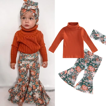 FOCUSNORM 0-24 м, есенни комплекти сладък дрехи за малките момичета, Поло от 3 теми, монофонични вязаный Пуловер с дълги ръкави + разкроена Панталони с цветен Модел + Лента За Коса