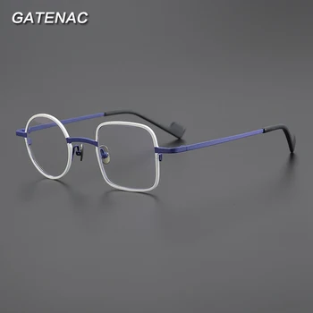 Gatenac Реколта рамки за очила от чист титан, мъжки рамки за очила при оптична късогледство, Дамски рамки за очила в ретро стил, луксозни и дизайнерски очила
