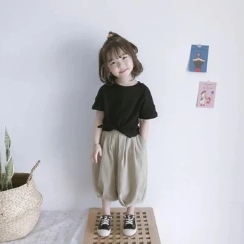 Корейски детски комплект, летни дрехи, комплект 2023 г., тениска с къси ръкави за момичета, широки панталони, модерен сладък комплект дрехи от 2 теми