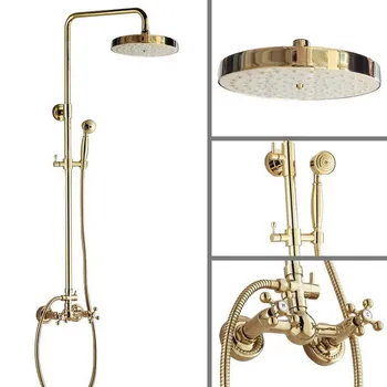 Луксозен Месинг стенен смесител за баня от златен цвят, 8-инчов през цялата смесител за душ с дъждовна тупалка, смесител за вана, ръчен душ mgf325