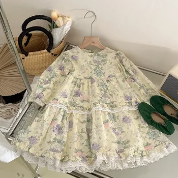 Елегантно бельо принцеса рокля за момичета с флорални принтом, кръгло деколте и ръкав-фенерче, свободно памучно рокля трапецовидна форма, 2023, детска новата пролетно облекло