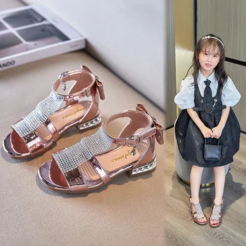 2023 нови Летни сандали за момичета, детски обувки принцеса с лък, детска мода, диамантена повърхност, ученичка, малки момичета на високи токчета