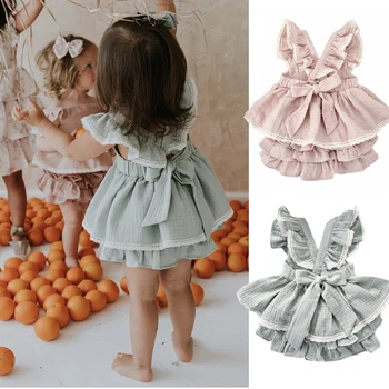 1 Комплект, винтажное рокля без ръкави с кръст за малки момичета, детски рокля с волани + дантелени шорти, рокли на принцеси, детски дрехи от 4 години