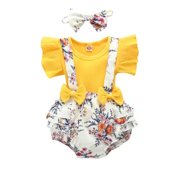 Детски летни дрехи за новородени момичета, тънко боди с еластична талия, Тениски с цветя, Комбинезони + превръзка на главата 3 бр.
